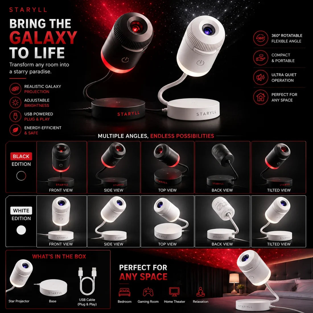 Galaxy Star Projector Lamp – 360° LED Night Light