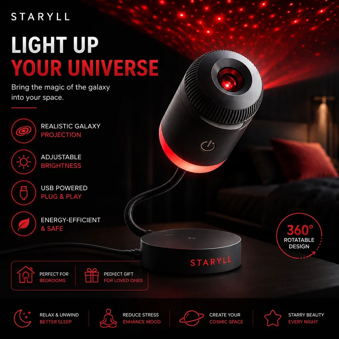 Galaxy Star Projector Lamp – 360° LED Night Light
